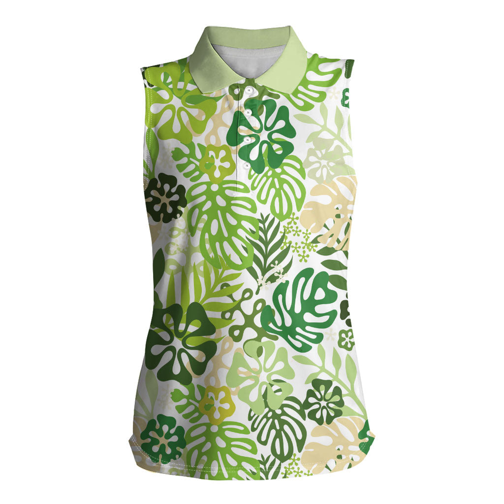 Green Aloha Hawaiian Women Sleeveless Polo Shirt Monstera Hibiscus Tropical Pattern