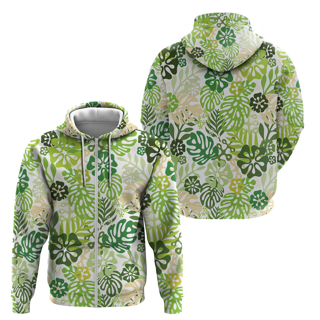 Green Aloha Hawaiian Zip Hoodie Monstera Hibiscus Tropical Pattern