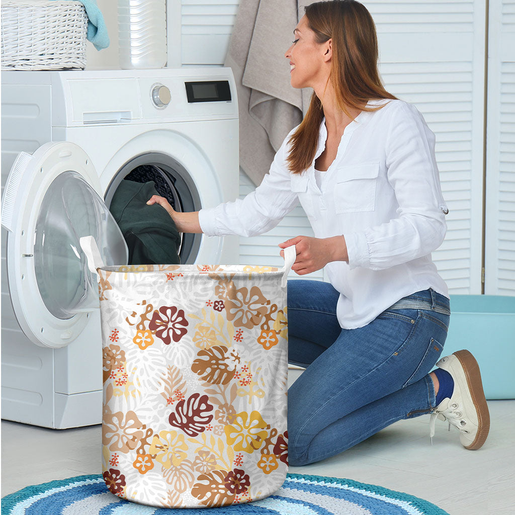 Brown Aloha Hawaiian Laundry Basket Monstera Hibiscus Tropical Pattern
