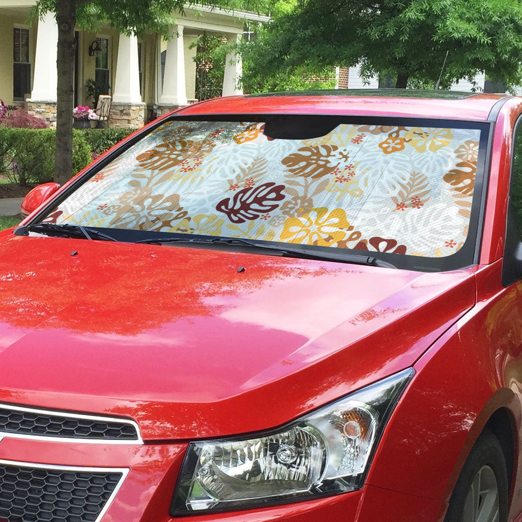 Brown Aloha Hawaiian Auto Sun Shade Monstera Hibiscus Tropical Pattern