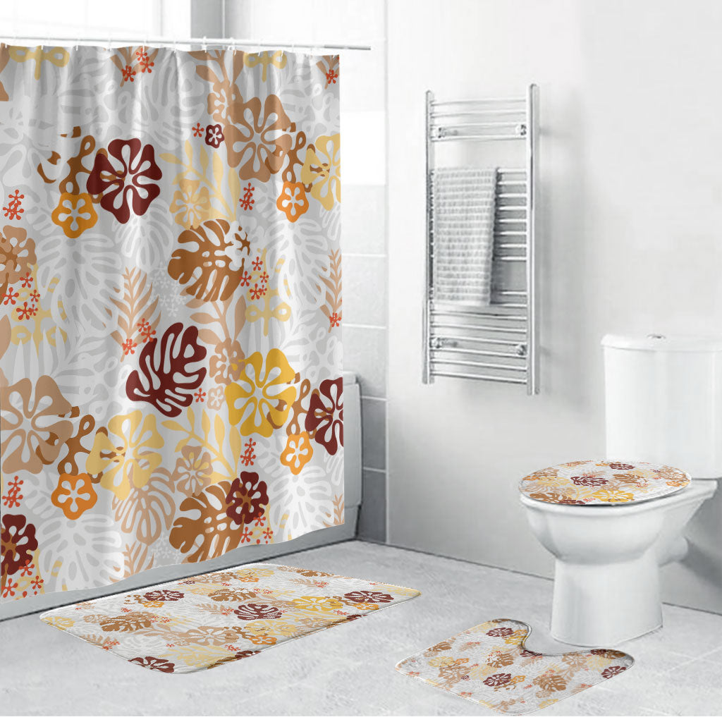 Brown Aloha Hawaiian Bathroom Set Monstera Hibiscus Tropical Pattern
