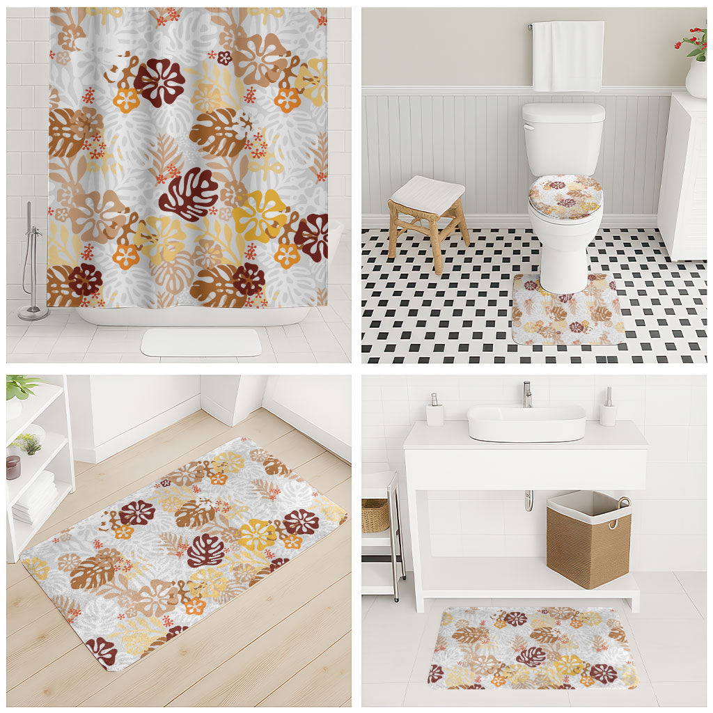 Brown Aloha Hawaiian Bathroom Set Monstera Hibiscus Tropical Pattern