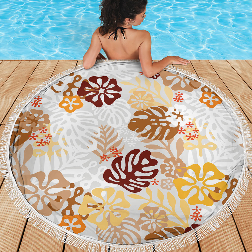 Brown Aloha Hawaiian Beach Blanket Monstera Hibiscus Tropical Pattern