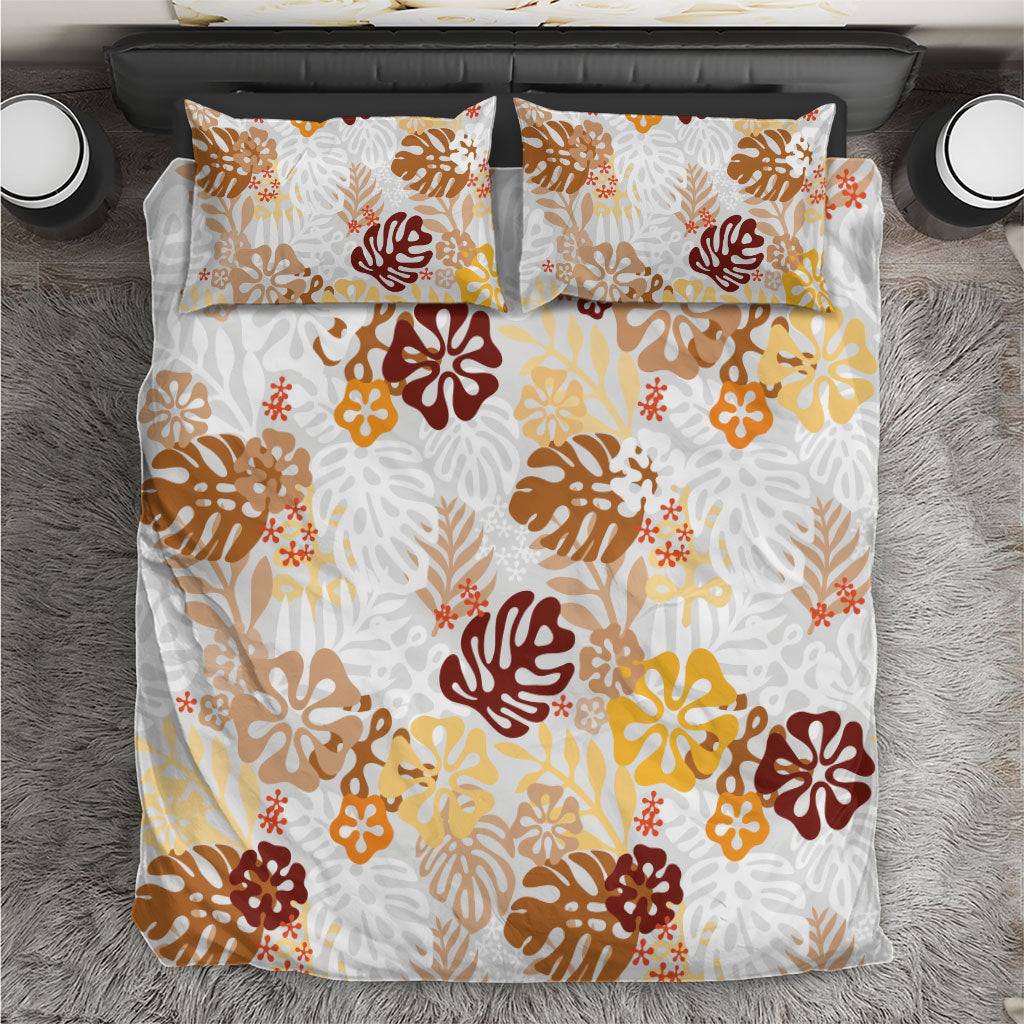 Brown Aloha Hawaiian Bedding Set Monstera Hibiscus Tropical Pattern