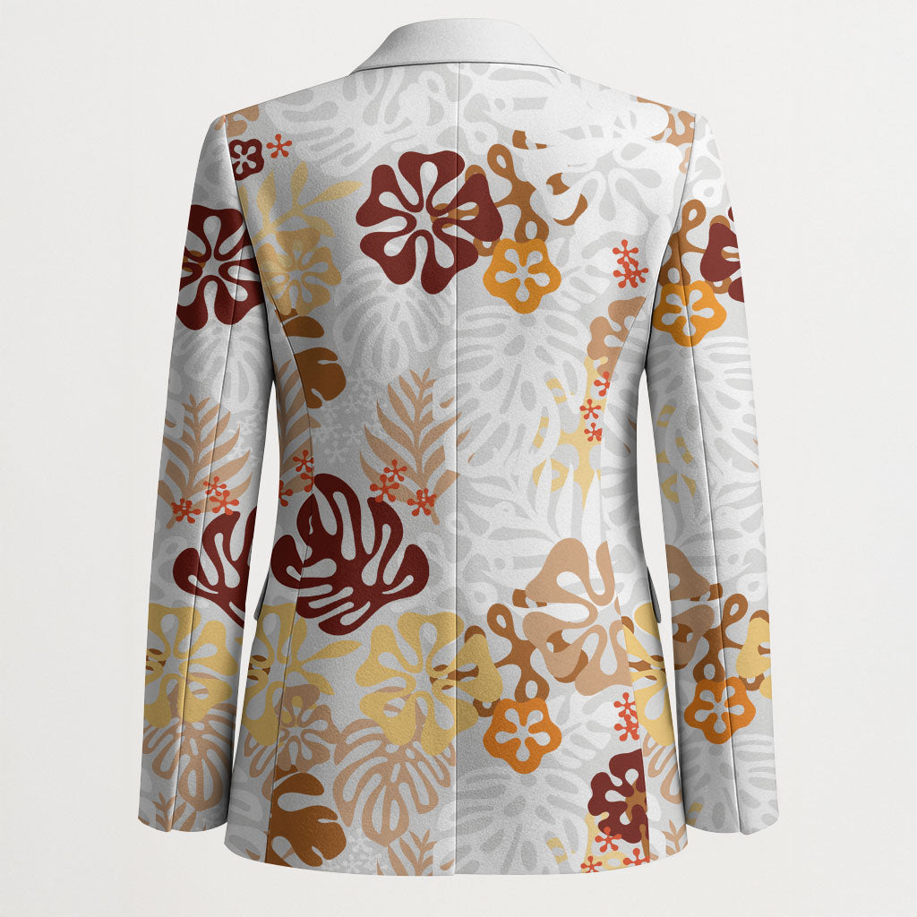 Brown Aloha Hawaiian Blazer Monstera Hibiscus Tropical Pattern
