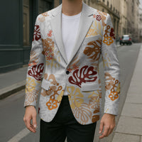 Brown Aloha Hawaiian Blazer Monstera Hibiscus Tropical Pattern