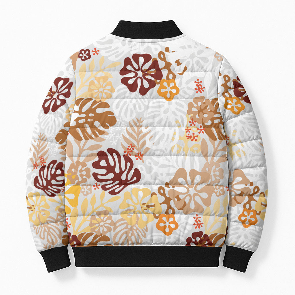 Brown Aloha Hawaiian Bomber Puffer Jacket Monstera Hibiscus Tropical Pattern