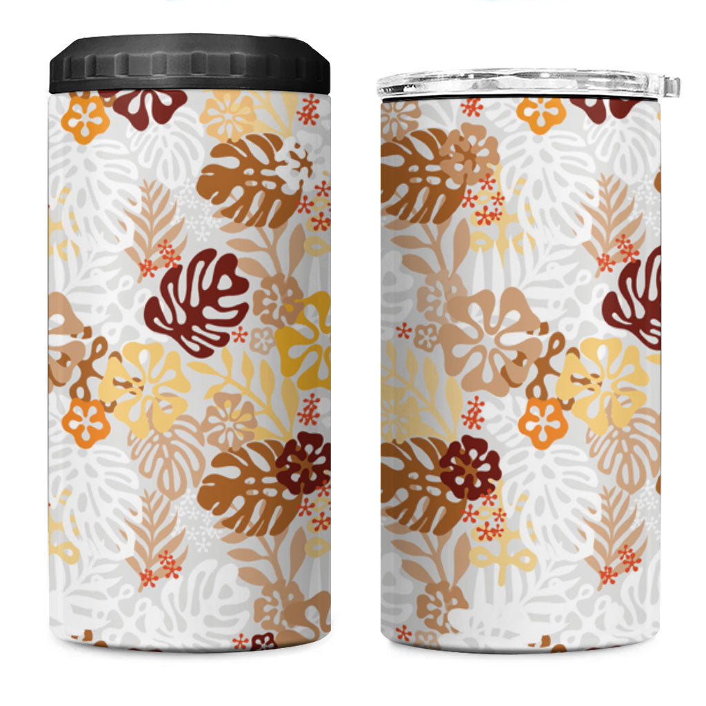 Brown Aloha Hawaiian 4 in 1 Can Cooler Tumbler Monstera Hibiscus Tropical Pattern