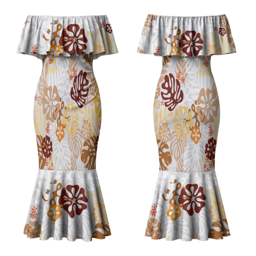Brown Aloha Hawaiian Couples Matching Mermaid Dress and Hawaiian Shirt Monstera Hibiscus Tropical Pattern