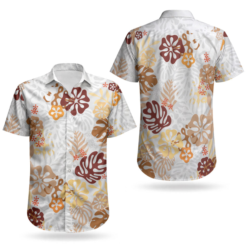 Brown Aloha Hawaiian Couples Matching Off Shoulder Maxi Dress and Hawaiian Shirt Monstera Hibiscus Tropical Pattern