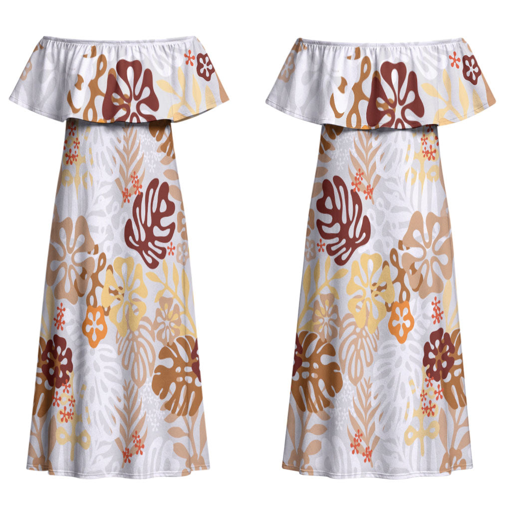 Brown Aloha Hawaiian Couples Matching Off Shoulder Maxi Dress and Long Sleeve Button Shirt Monstera Hibiscus Tropical Pattern