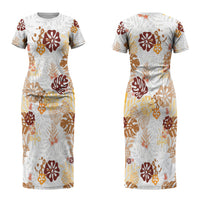 Brown Aloha Hawaiian Couples Matching Short Sleeve Bodycon Dress and Long Sleeve Button Shirt Monstera Hibiscus Tropical Pattern