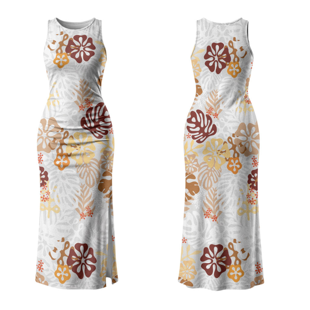 Brown Aloha Hawaiian Couples Matching Tank Maxi Dress and Hawaiian Shirt Monstera Hibiscus Tropical Pattern