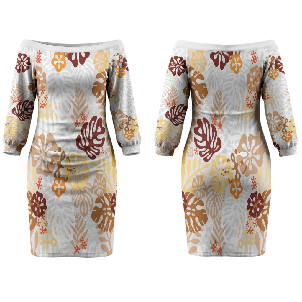 Brown Aloha Hawaiian Family Matching Off The Shoulder Long Sleeve Dress and Hawaiian Shirt Monstera Hibiscus Tropical Pattern