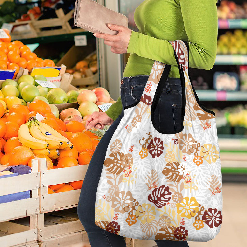Brown Aloha Hawaiian Grocery Bag Monstera Hibiscus Tropical Pattern