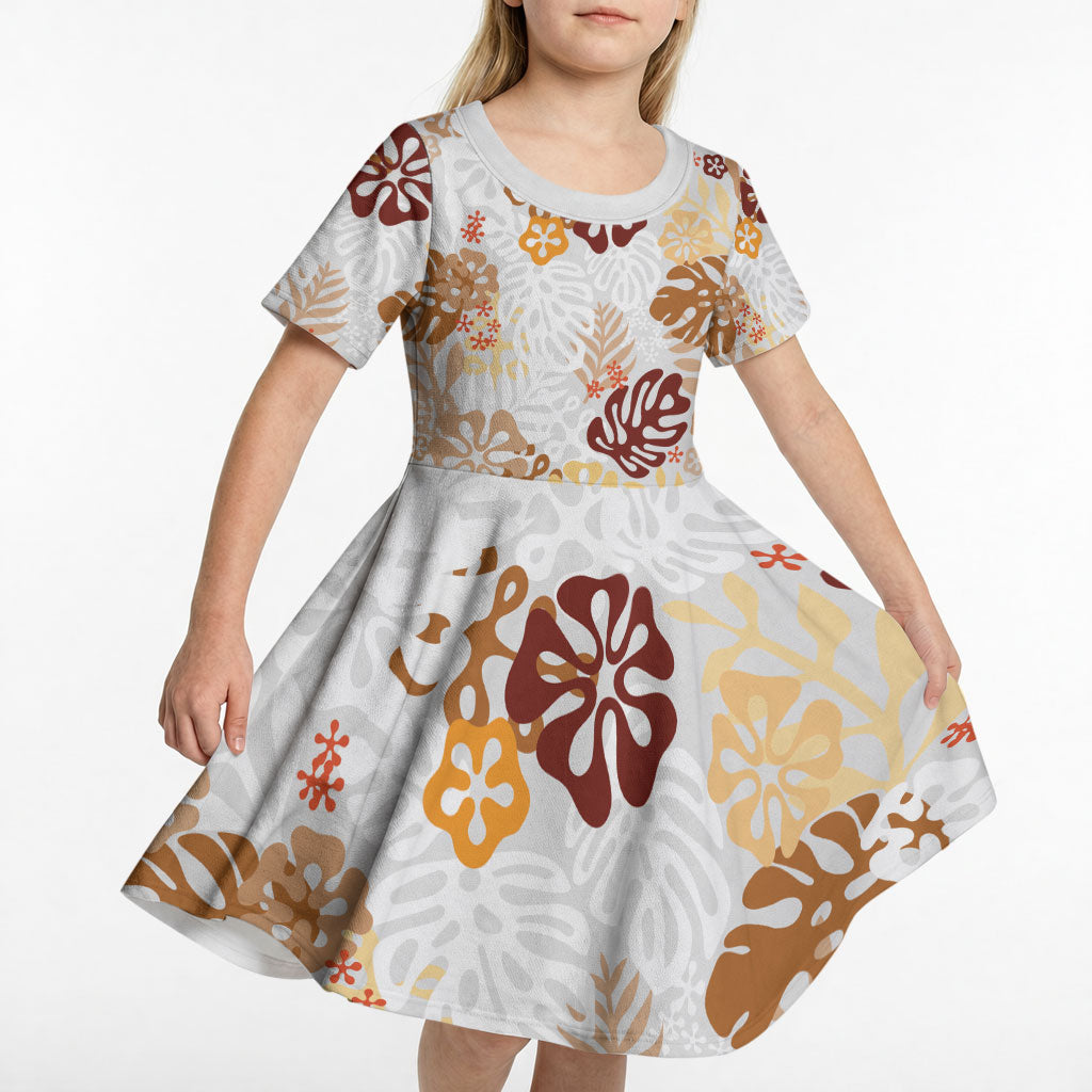 Brown Aloha Hawaiian Kid Short Sleeve Dress Monstera Hibiscus Tropical Pattern