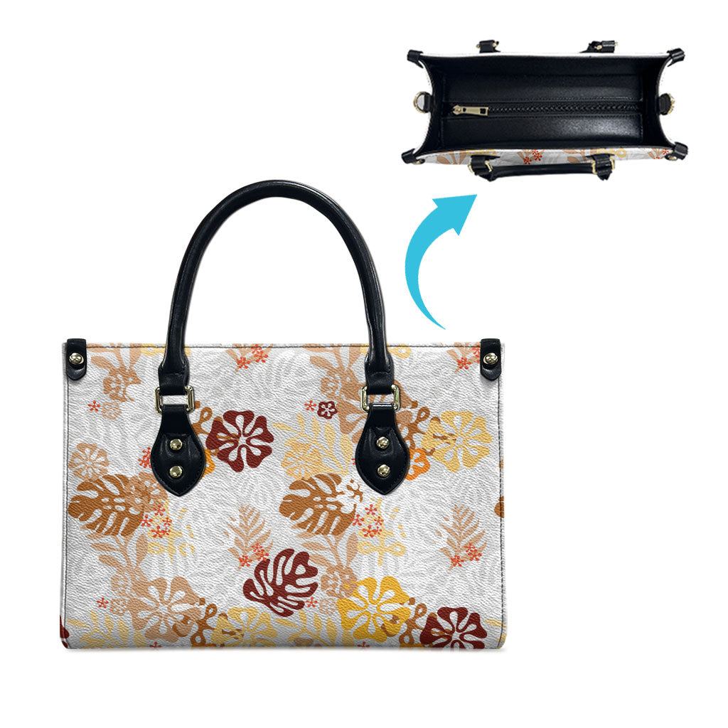 Brown Aloha Hawaiian Leather Bag Monstera Hibiscus Tropical Pattern