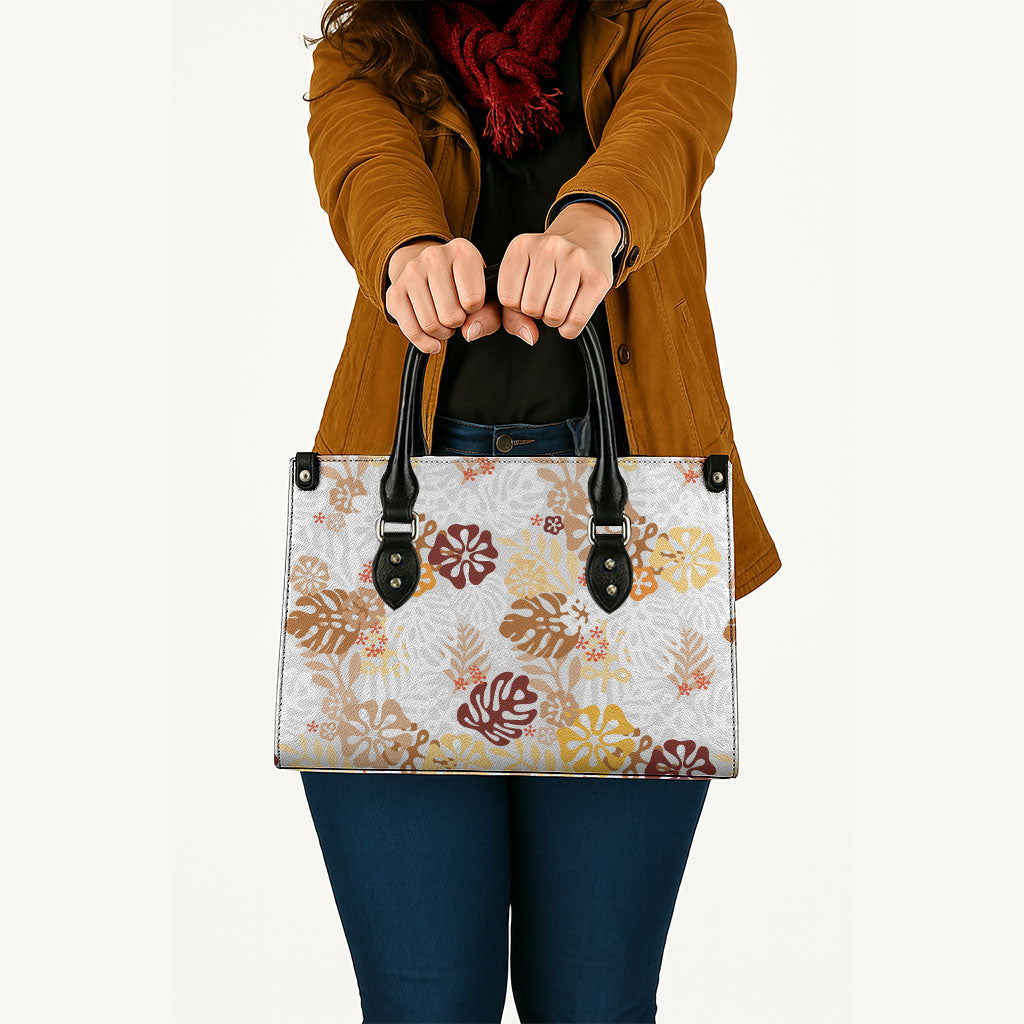 Brown Aloha Hawaiian Leather Bag Monstera Hibiscus Tropical Pattern