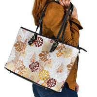 Brown Aloha Hawaiian Leather Tote Bag Monstera Hibiscus Tropical Pattern