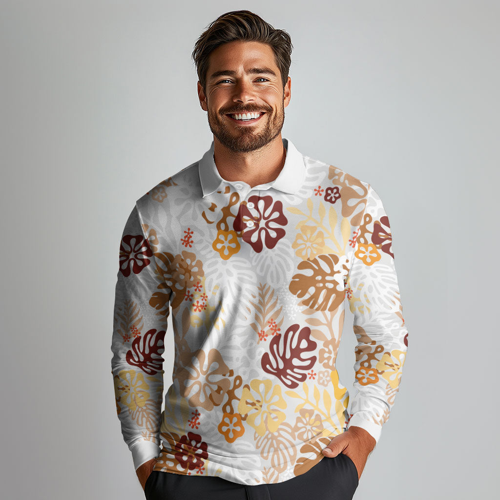 Brown Aloha Hawaiian Long Sleeve Polo Shirt Monstera Hibiscus Tropical Pattern