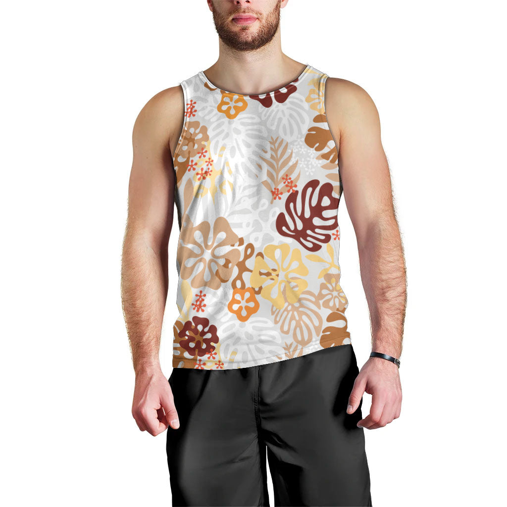 Brown Aloha Hawaiian Men Tank Top Monstera Hibiscus Tropical Pattern