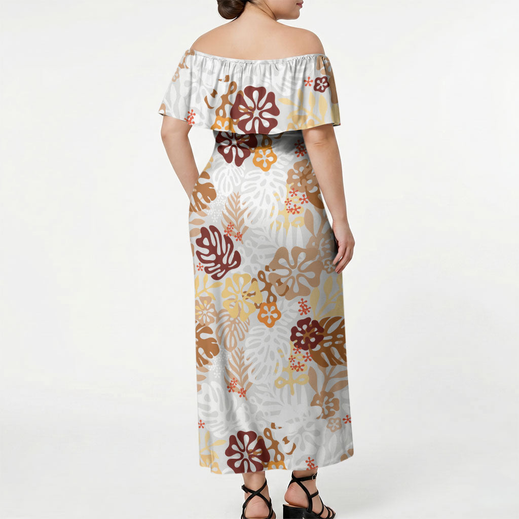 Brown Aloha Hawaiian Off Shoulder Maxi Dress Monstera Hibiscus Tropical Pattern