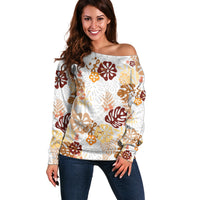 Brown Aloha Hawaiian Off Shoulder Sweater Monstera Hibiscus Tropical Pattern