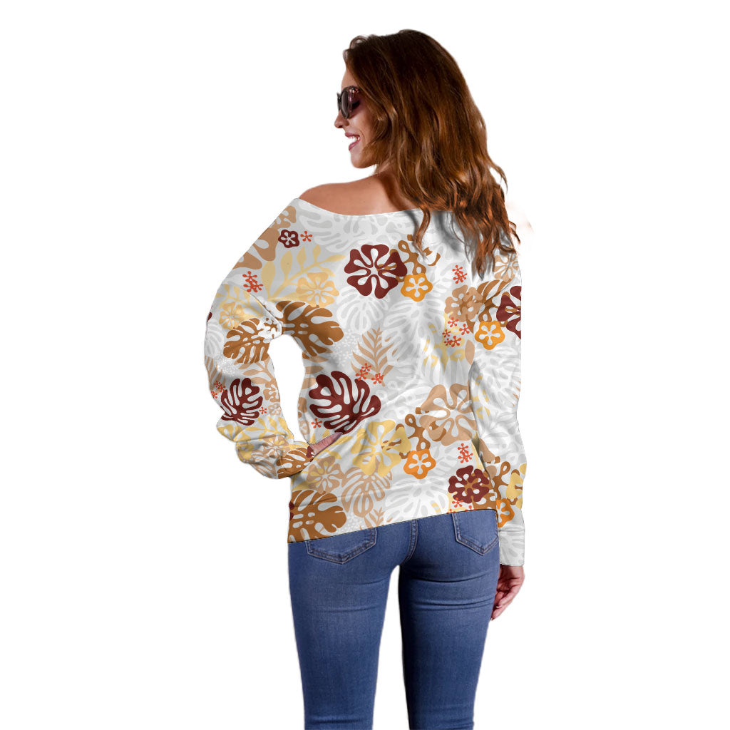 Brown Aloha Hawaiian Off Shoulder Sweater Monstera Hibiscus Tropical Pattern