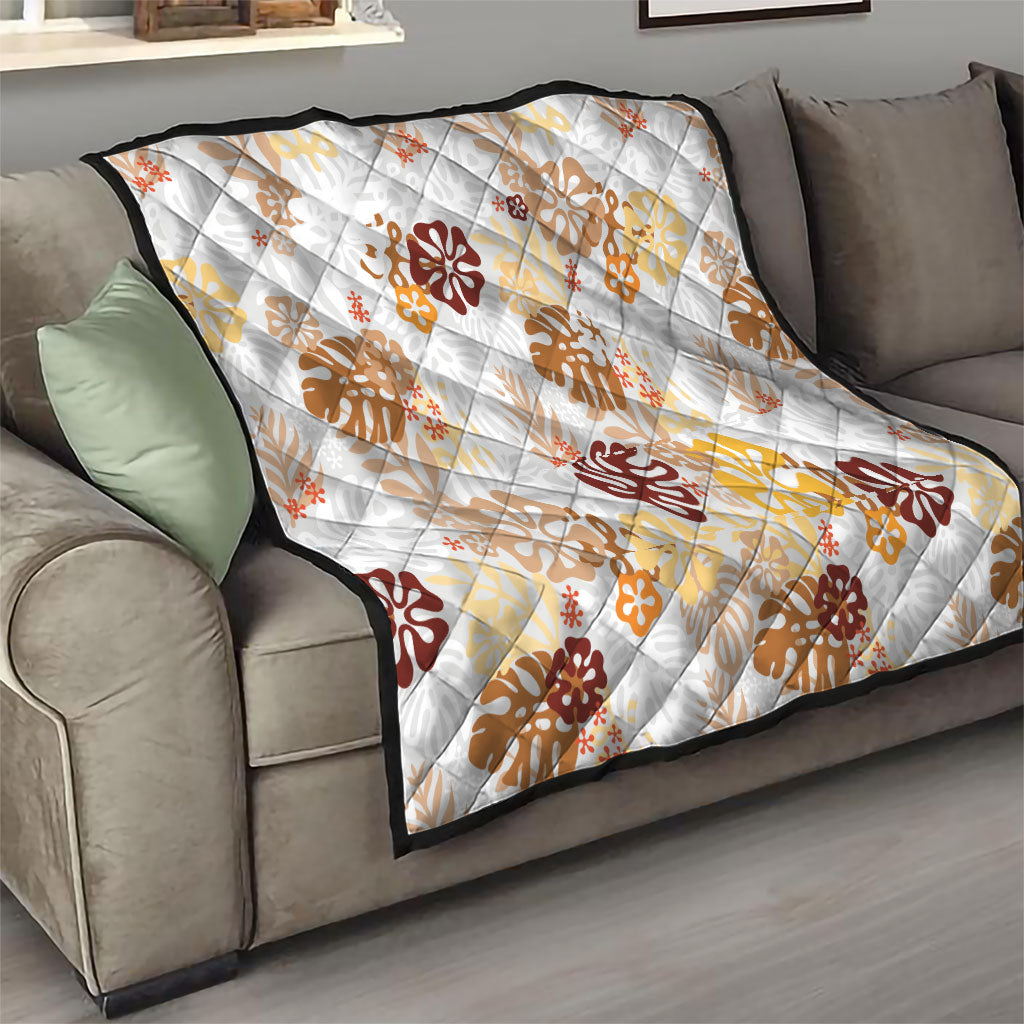 Brown Aloha Hawaiian Quilt Monstera Hibiscus Tropical Pattern