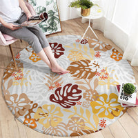Brown Aloha Hawaiian Round Carpet Monstera Hibiscus Tropical Pattern