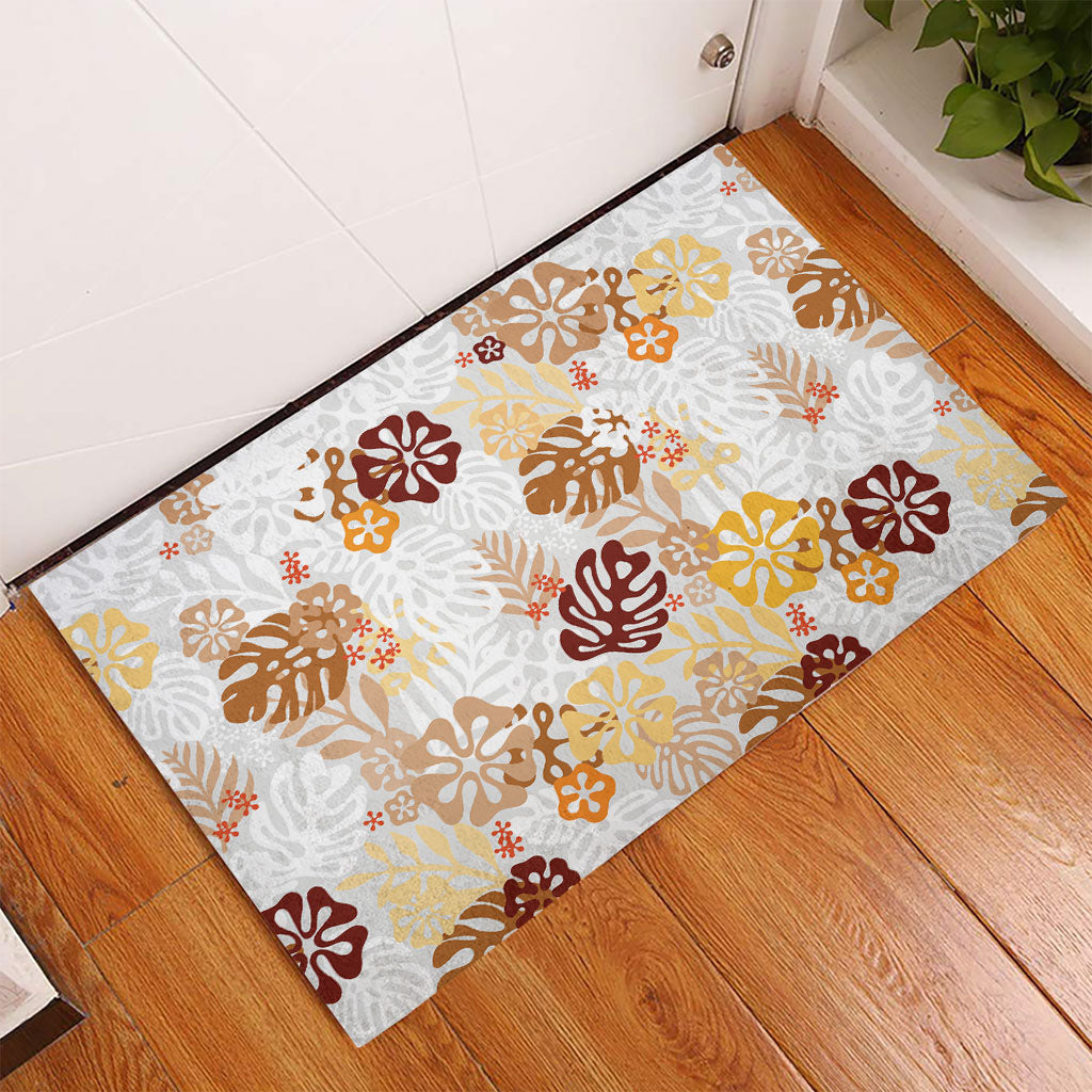 Brown Aloha Hawaiian Rubber Doormat Monstera Hibiscus Tropical Pattern