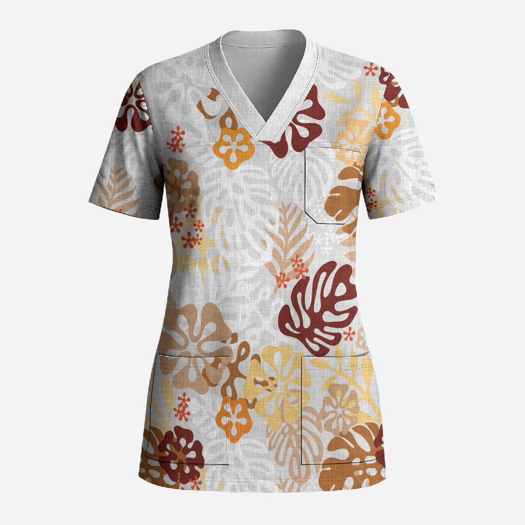 Brown Aloha Hawaiian Scrub Top Monstera Hibiscus Tropical Pattern