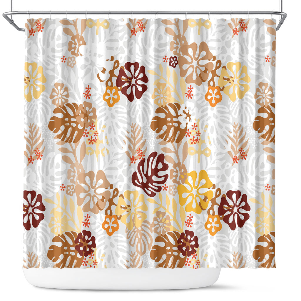 Brown Aloha Hawaiian Shower Curtain Monstera Hibiscus Tropical Pattern