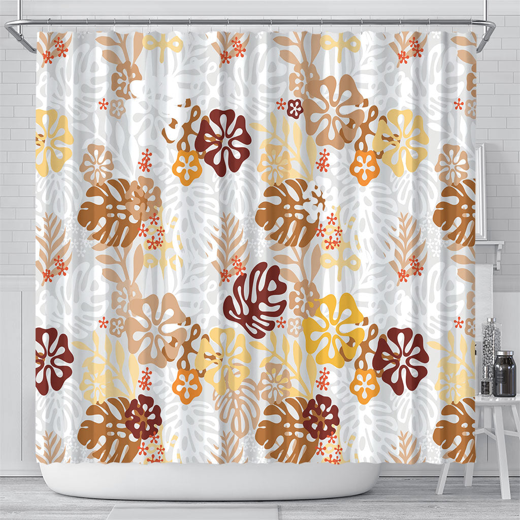 Brown Aloha Hawaiian Shower Curtain Monstera Hibiscus Tropical Pattern