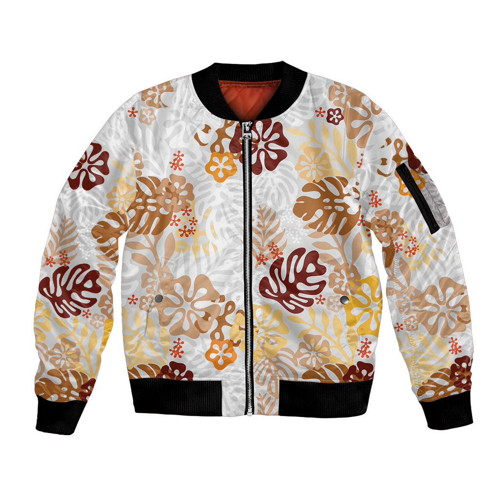 Brown Aloha Hawaiian Sleeve Zip Bomber Jacket Monstera Hibiscus Tropical Pattern LT19 Unisex Brown - Polynesian Pride