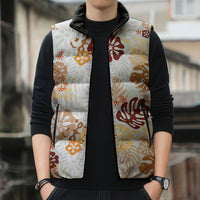 Brown Aloha Hawaiian Sleeveless Puffer Jacket Monstera Hibiscus Tropical Pattern