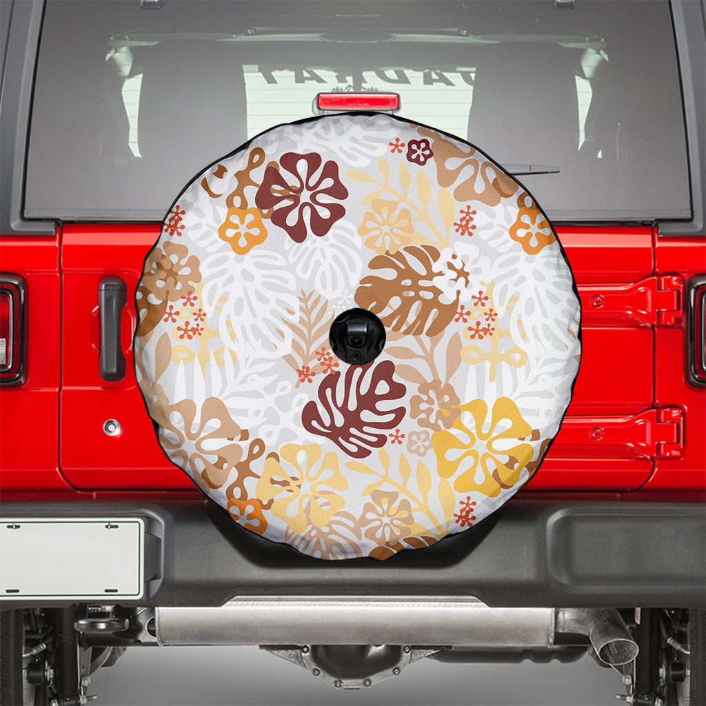 Brown Aloha Hawaiian Spare Tire Cover Monstera Hibiscus Tropical Pattern