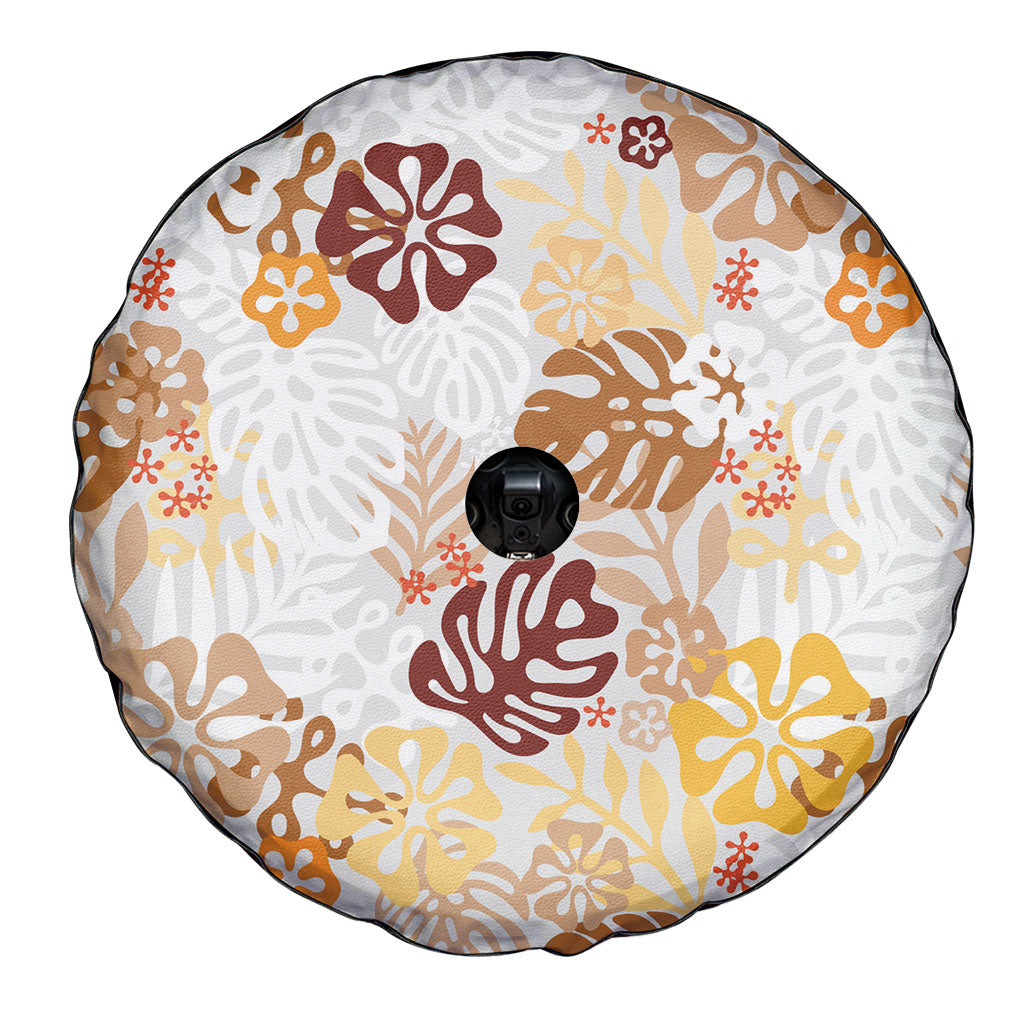 Brown Aloha Hawaiian Spare Tire Cover Monstera Hibiscus Tropical Pattern