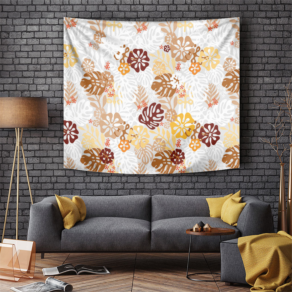 Brown Aloha Hawaiian Tapestry Monstera Hibiscus Tropical Pattern