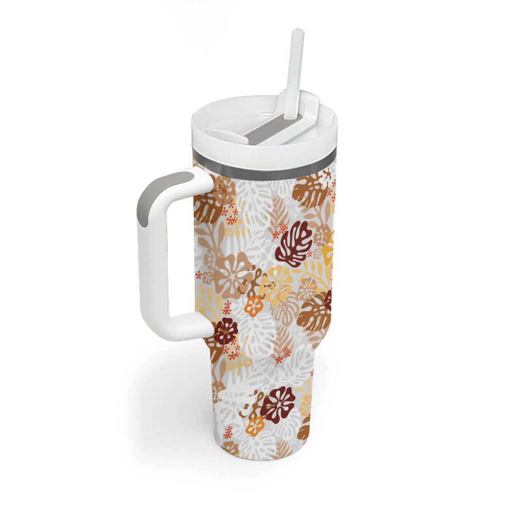 Brown Aloha Hawaiian Tumbler With Handle Monstera Hibiscus Tropical Pattern