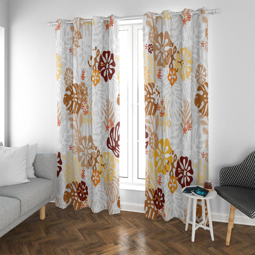Brown Aloha Hawaiian Window Curtain Monstera Hibiscus Tropical Pattern