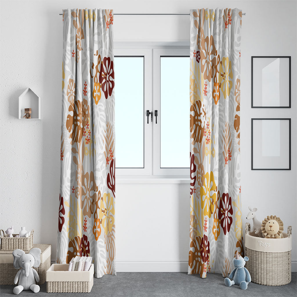 Brown Aloha Hawaiian Window Curtain Monstera Hibiscus Tropical Pattern