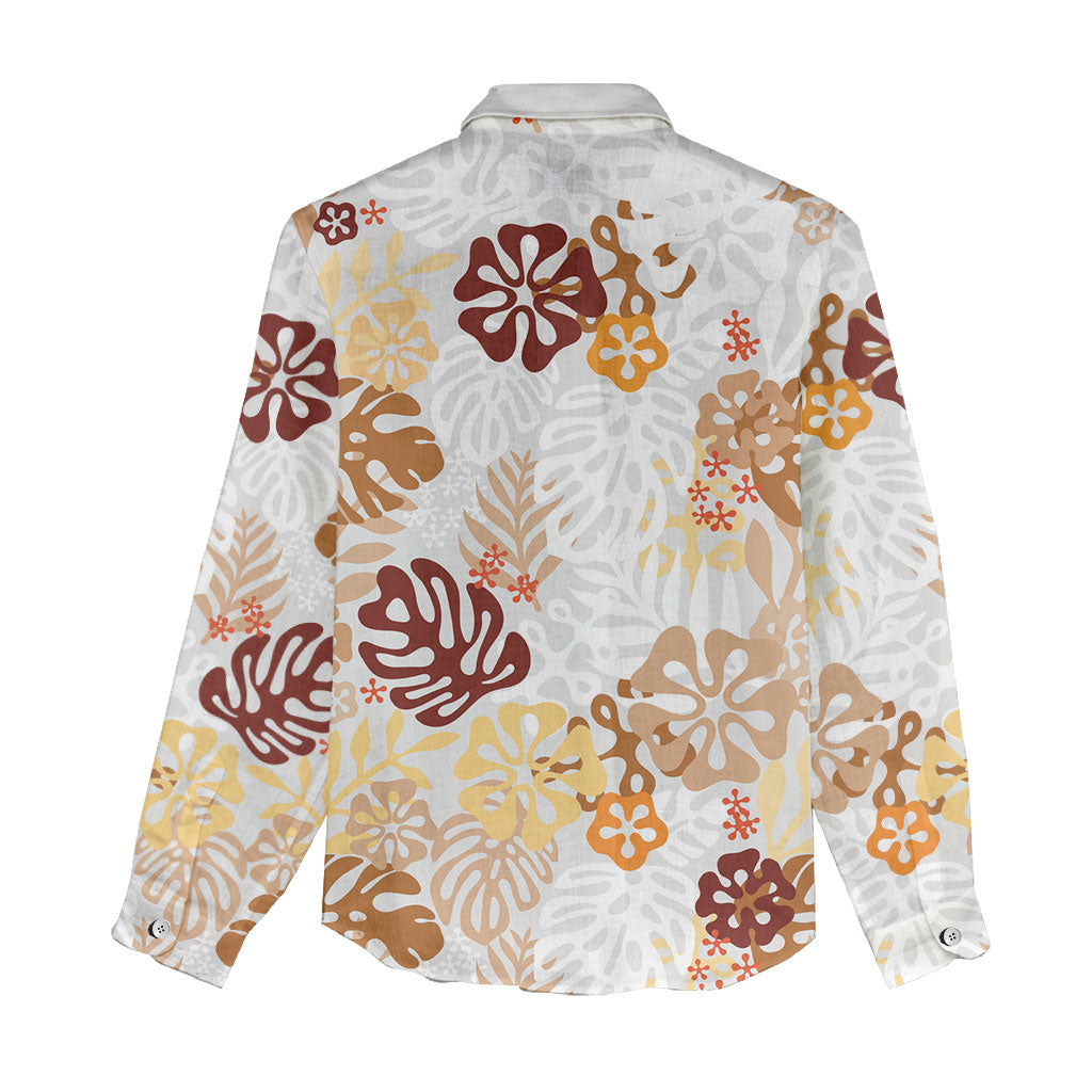 Brown Aloha Hawaiian Women Casual Shirt Monstera Hibiscus Tropical Pattern
