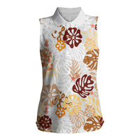 Brown Aloha Hawaiian Women Sleeveless Polo Shirt Monstera Hibiscus Tropical Pattern