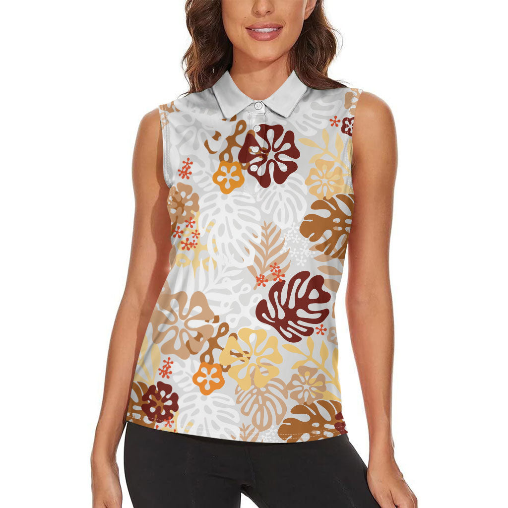 Brown Aloha Hawaiian Women Sleeveless Polo Shirt Monstera Hibiscus Tropical Pattern