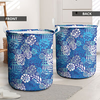 Blue Aloha Hawaiian Laundry Basket Monstera Hibiscus Tropical Pattern
