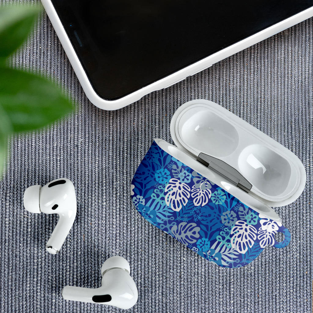 Blue Aloha Hawaiian AirPods Case Monstera Hibiscus Tropical Pattern