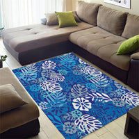 Blue Aloha Hawaiian Area Rug Monstera Hibiscus Tropical Pattern