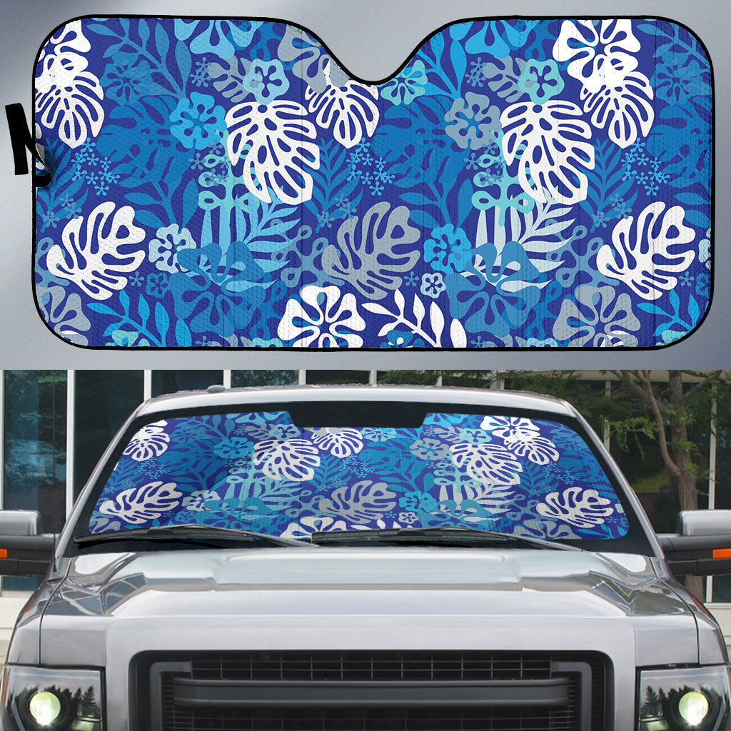 Blue Aloha Hawaiian Auto Sun Shade Monstera Hibiscus Tropical Pattern