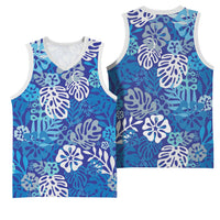 Blue Aloha Hawaiian Basketball Jersey Monstera Hibiscus Tropical Pattern